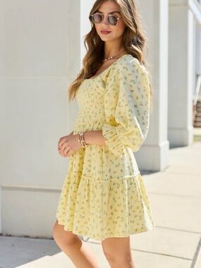 Pink Lily Quincy Yellow Floral Smocked Top Dress